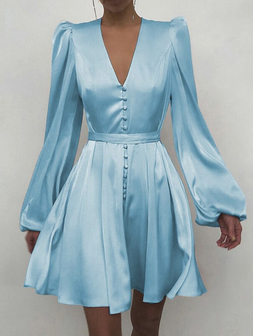 CBR Light Blue Satin V-Neck Long Sleeve Mini Dress